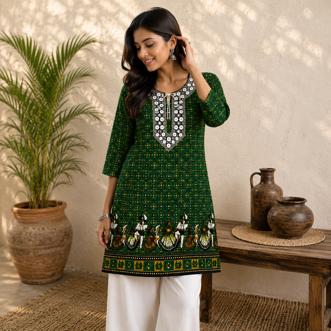 Qaba Women's Ethnic Printed Kurti | Traditional Folk Art Print | Round Neck with Tie-Up Detail