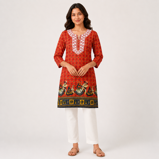 Qaba Women's Ethnic Printed Kurti | Traditional Folk Art Print | Round Neck with Tie-Up Detail
