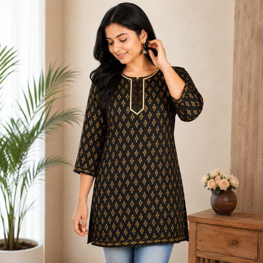 Qaba Women's Printed Cotton Short Kurti Top | Ethnic Casual Tunic with 3/4 Sleeves