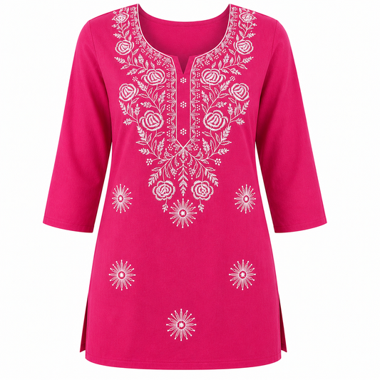 Qaba Women's Embroidered Short Kurti Top with Floral Thread Work & 3/4 Sleeve | Pink