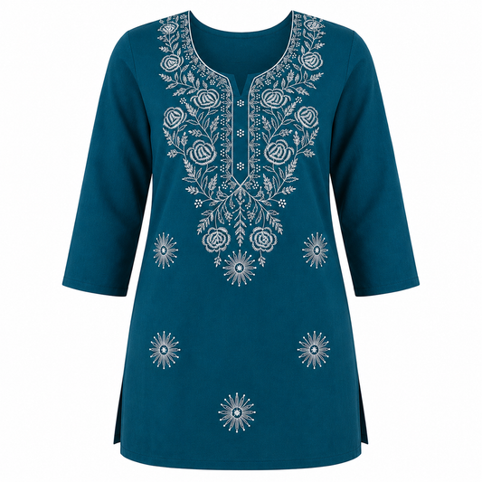 Qaba Women's Embroidered Short Kurti Top with Floral Thread Work & 3/4 Sleeve | Blue