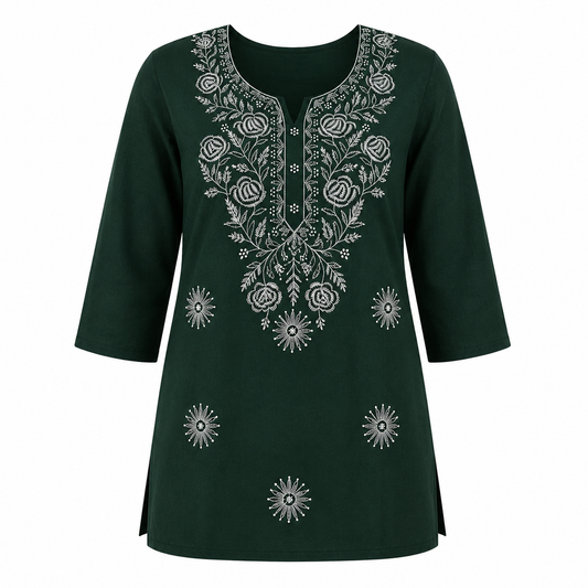Qaba Women's Embroidered Short Kurti Top with Floral Thread Work & 3/4 Sleeve | Green