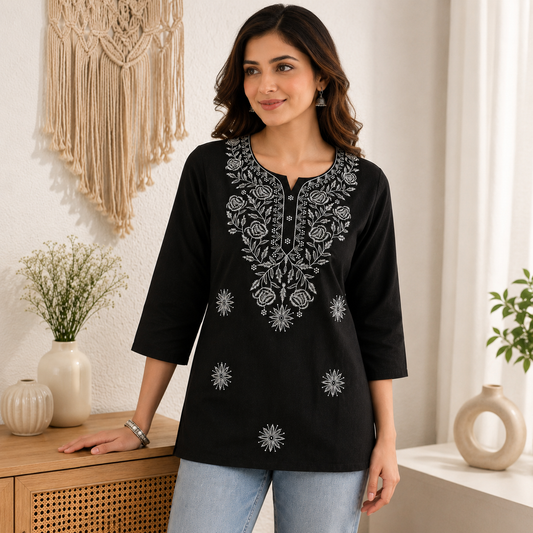 Qaba Women's Embroidered Short Kurti Top with Floral Thread Work & 3/4 Sleeve | Black