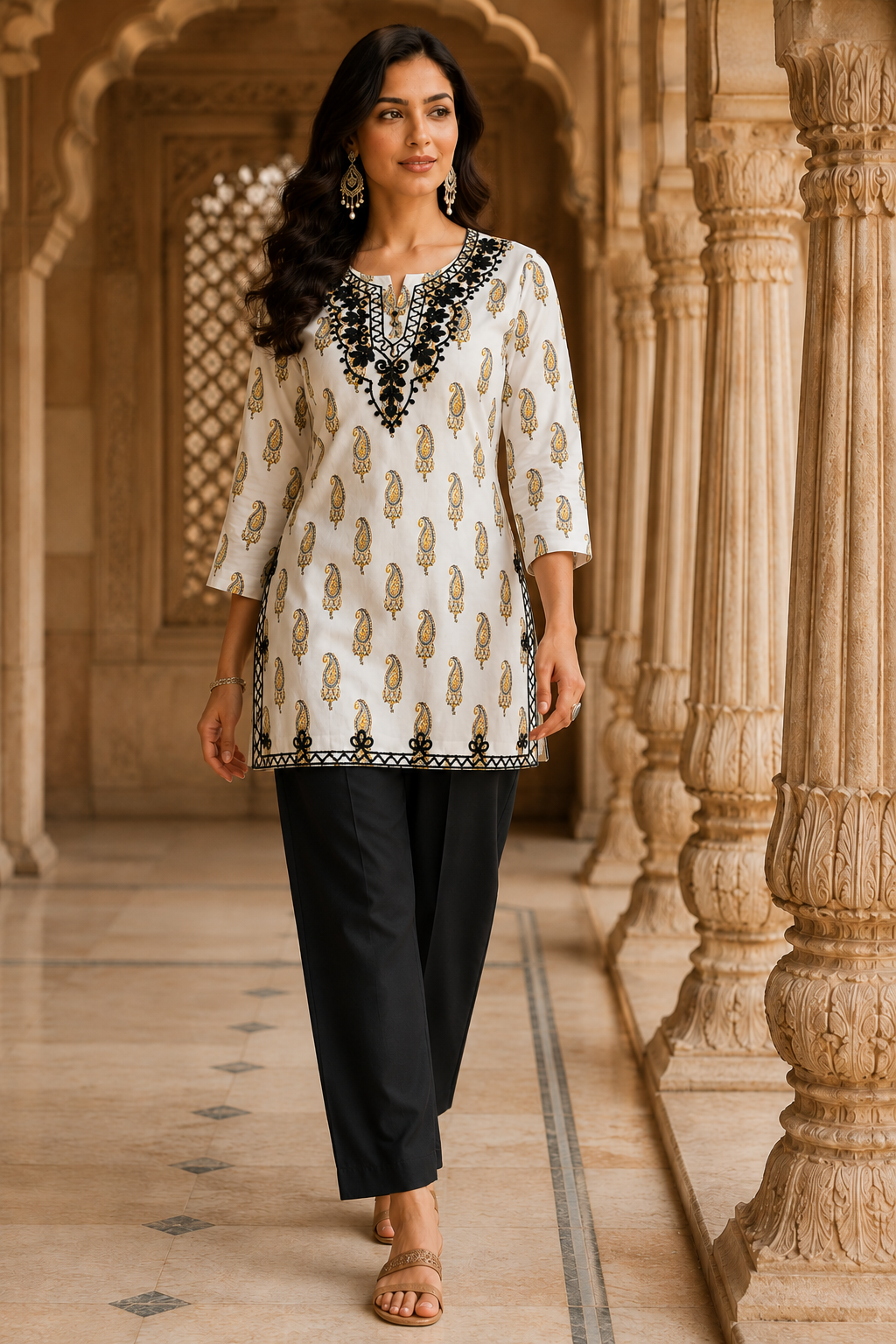 Qaba Women's Embroidered Printed Kurti for Women Cotton Blend Paisley Print Ethnic Casual Office Wear