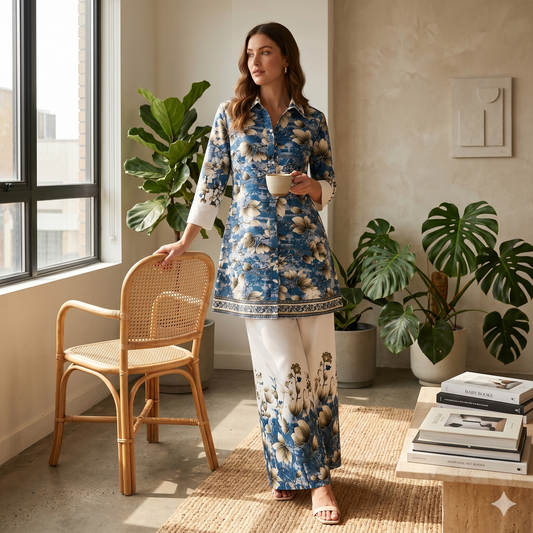 Qaba Women's Floral Printed Co-Ord Set | Blue Shirt Style Kurta with Palazzo Pants | Ethnic Casual Matching Set