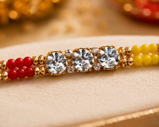 Crystal Stone Rakhi Red Yellow Beaded Designer Rakhi Gold Tone Standard Size