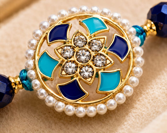 Crystal Floral Rakhi Pearl Border Designer Rakhi Blue Gold Standard Size