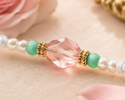 Crystal Pearl Rakhi Pink Faceted Bead Designer Rakhi White Thread Standard Size
