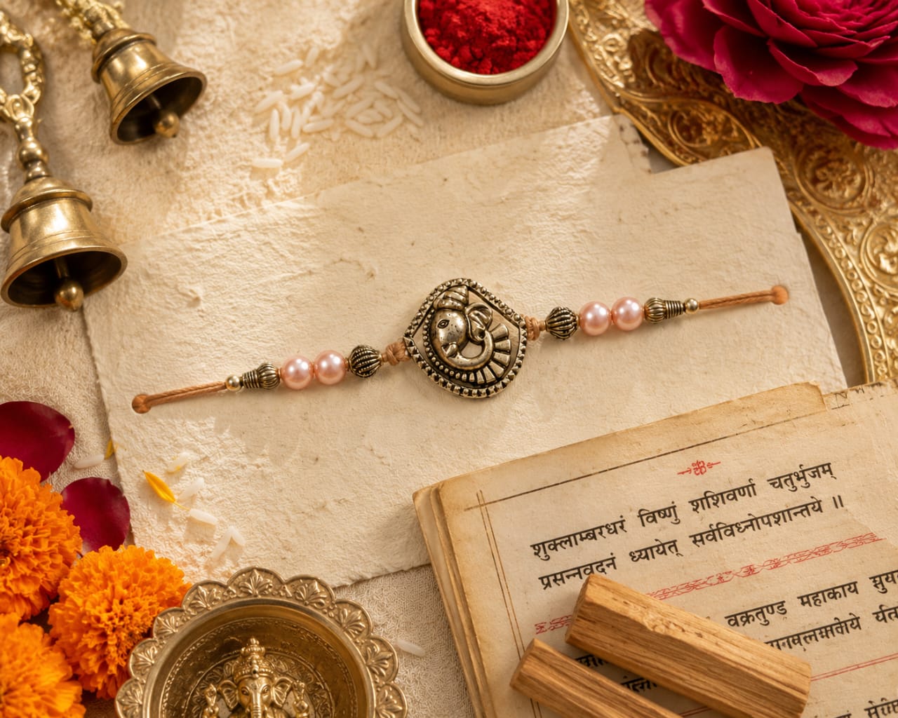 Ganesha Rakhi Antique Silver Finish Pearl Beaded Rakhi Peach