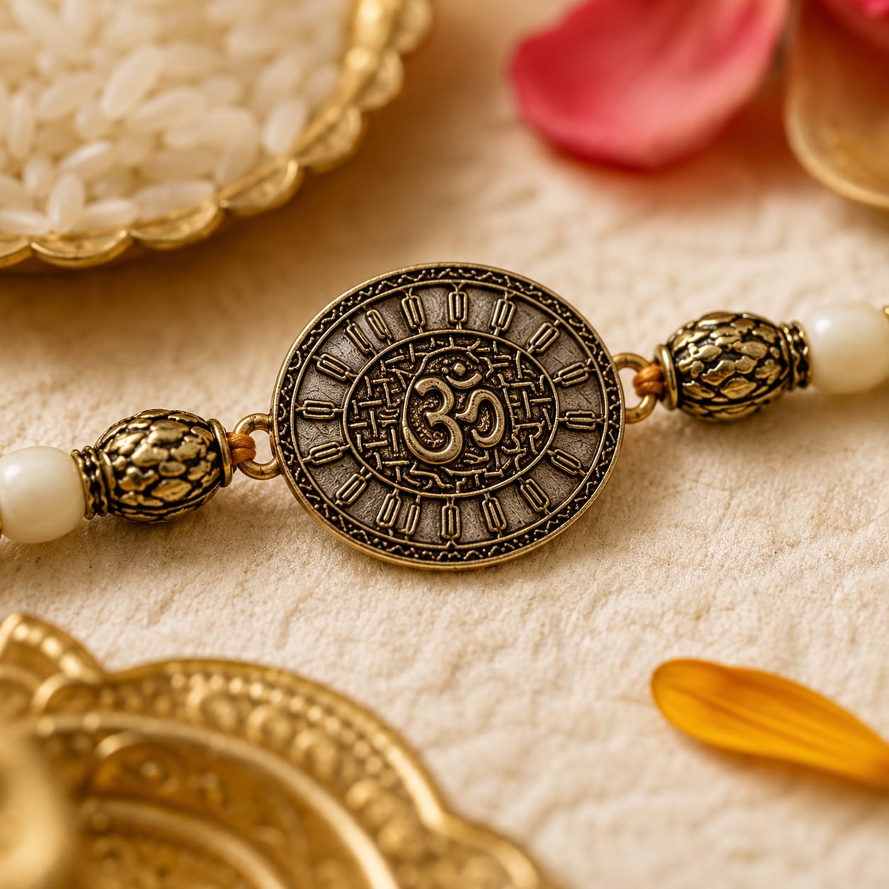 Om Symbol Rakhi Antique Metal Beaded Raksha Bandhan Rakhi Golden