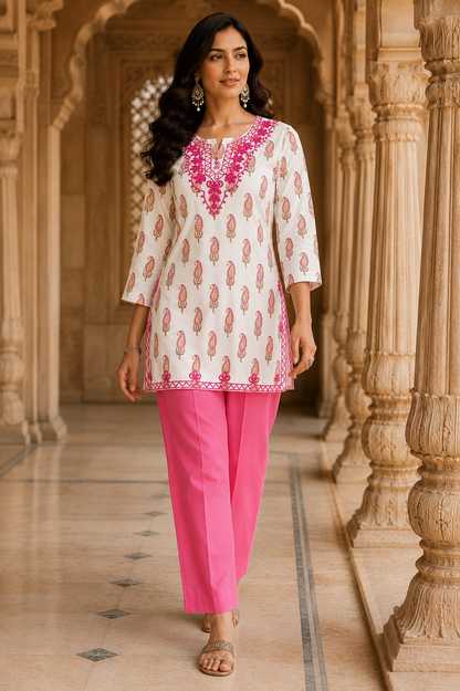 Qaba Women's Embroidered Printed Kurti for Women Cotton Blend Paisley Print Ethnic Casual Office Wear