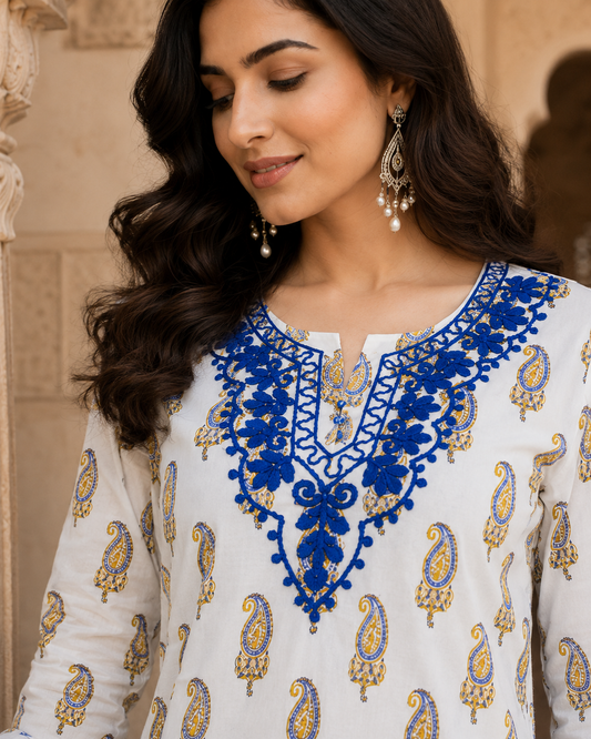 Qaba Women's Embroidered Printed Kurti for Women Cotton Blend Paisley Print Ethnic Casual Office Wear