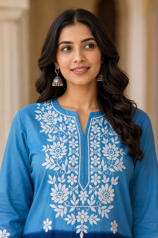 Qaba Embroidered Kurti for Women Cotton Blend Floral Thread Work Ethnic Kurti Casual Office Wear