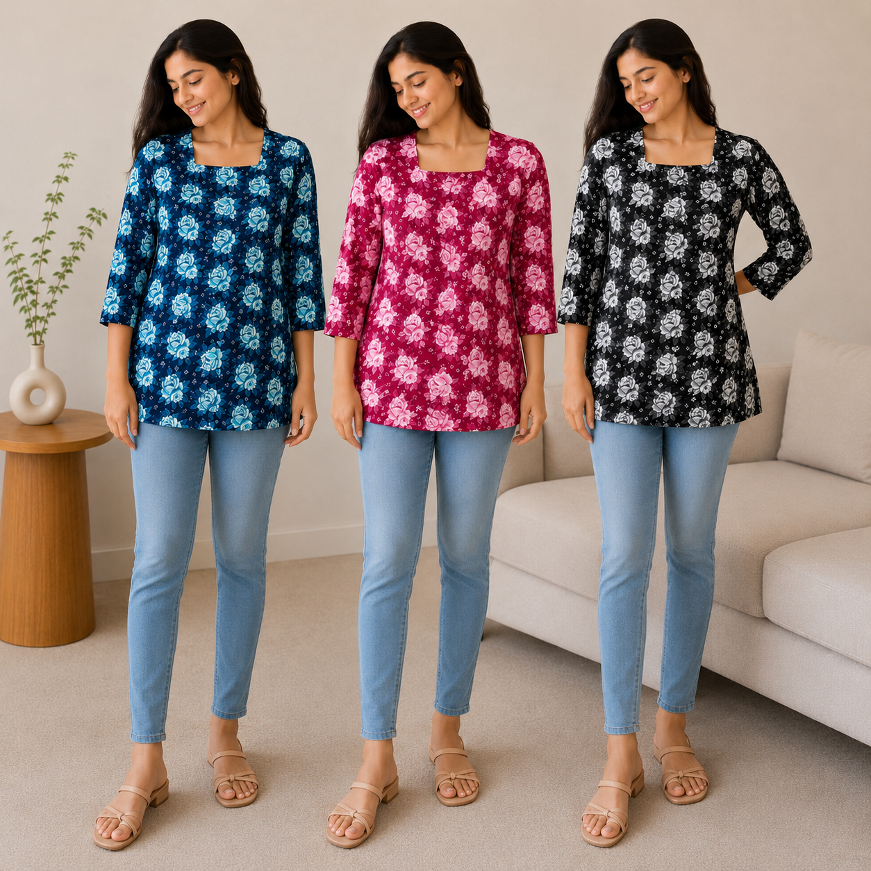 Qaba Blue Women's Floral Printed Tunic Top Regular Fit 3/4 Sleeves Square Neck Casual Western Wear