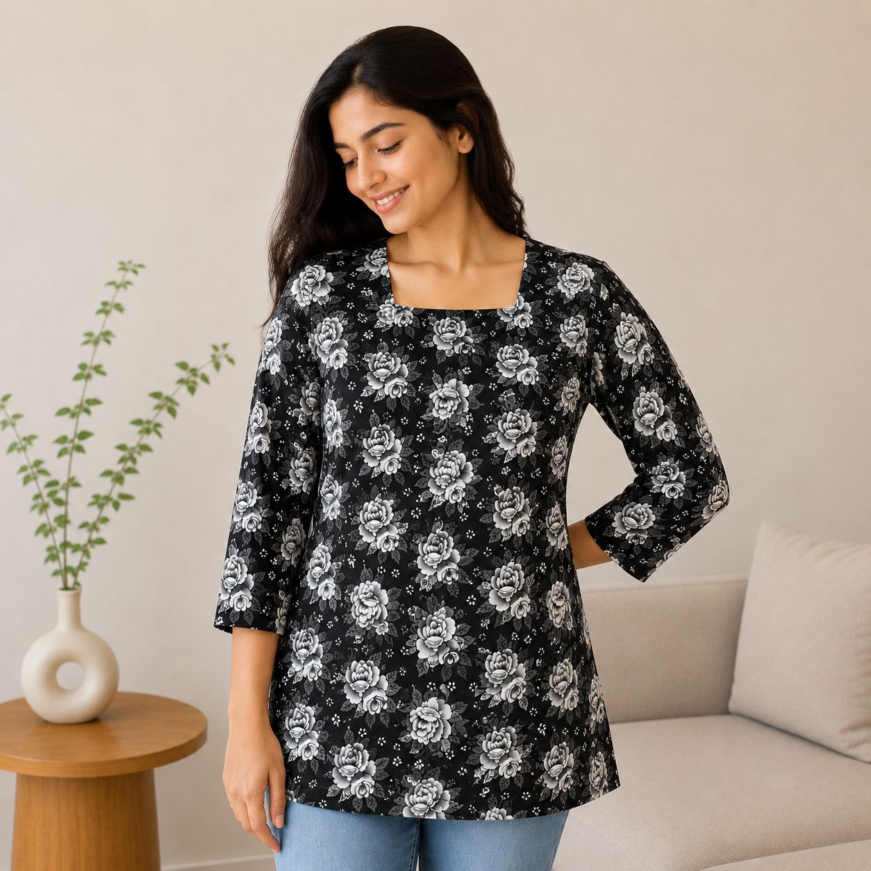 Qaba Blue Women's Floral Printed Tunic Top Regular Fit 3/4 Sleeves Square Neck Casual Western Wear