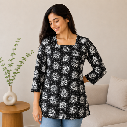Qaba Blue Women's Floral Printed Tunic Top Regular Fit 3/4 Sleeves Square Neck Casual Western Wear