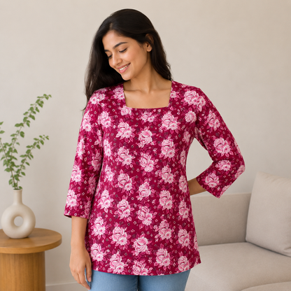 Qaba Blue Women's Floral Printed Tunic Top Regular Fit 3/4 Sleeves Square Neck Casual Western Wear