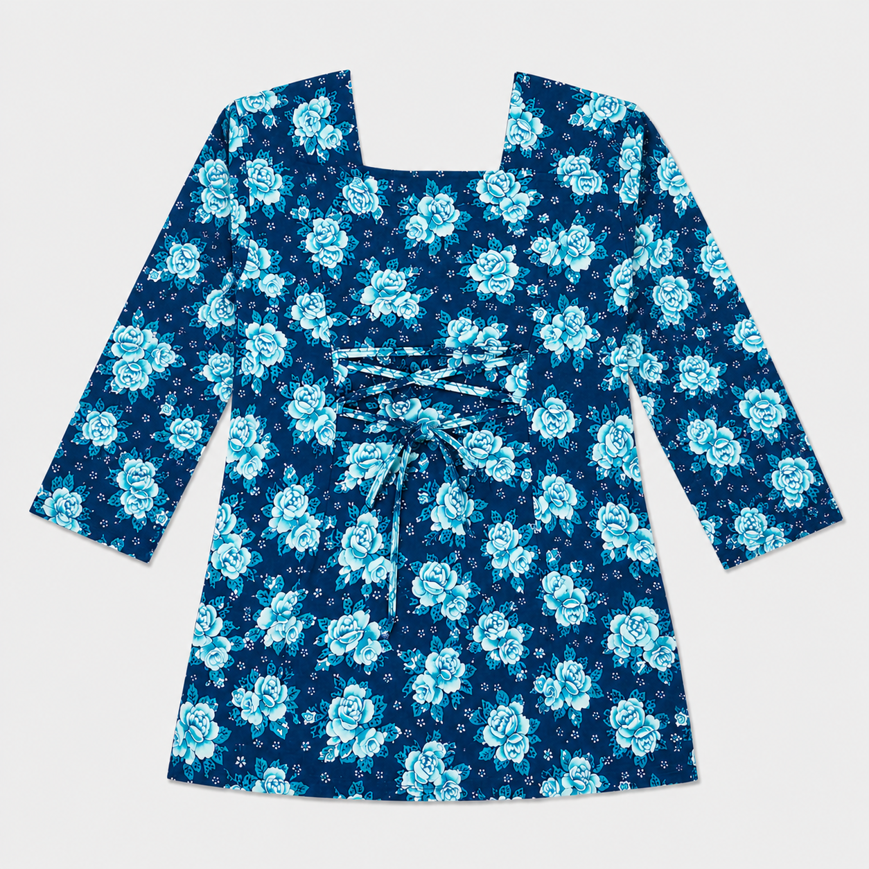 Qaba Blue Women's Floral Printed Tunic Top Regular Fit 3/4 Sleeves Square Neck Casual Western Wear