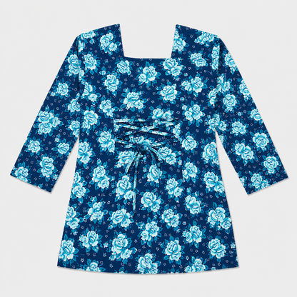 Qaba Blue Women's Floral Printed Tunic Top Regular Fit 3/4 Sleeves Square Neck Casual Western Wear
