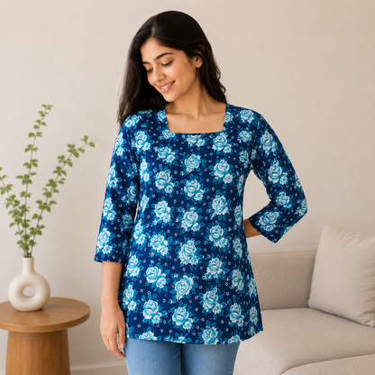Qaba Blue Women's Floral Printed Tunic Top Regular Fit 3/4 Sleeves Square Neck Casual Western Wear