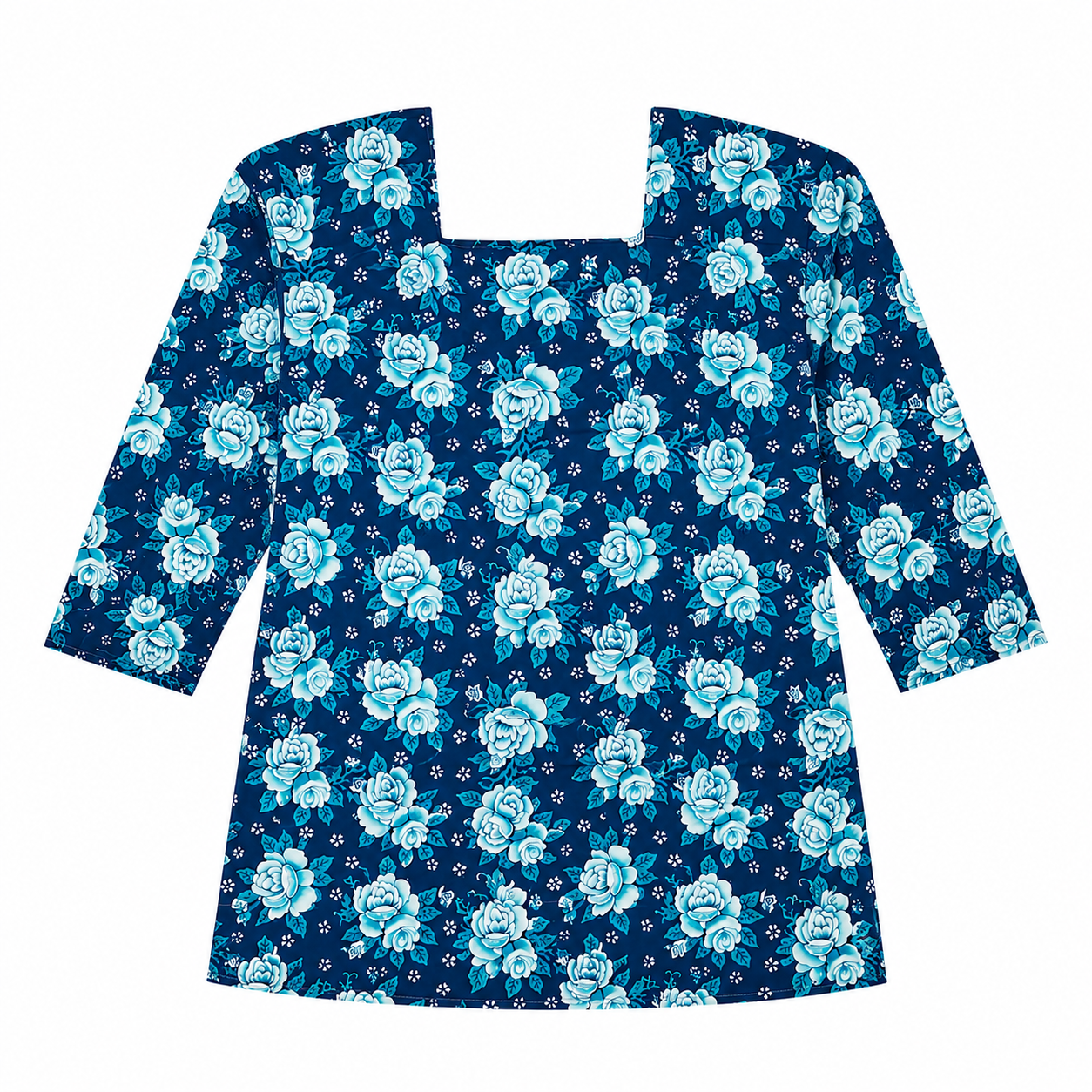 Qaba Blue Women's Floral Printed Tunic Top Regular Fit 3/4 Sleeves Square Neck Casual Western Wear