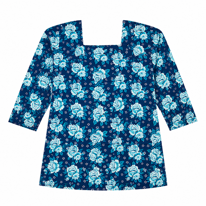 Qaba Blue Women's Floral Printed Tunic Top Regular Fit 3/4 Sleeves Square Neck Casual Western Wear