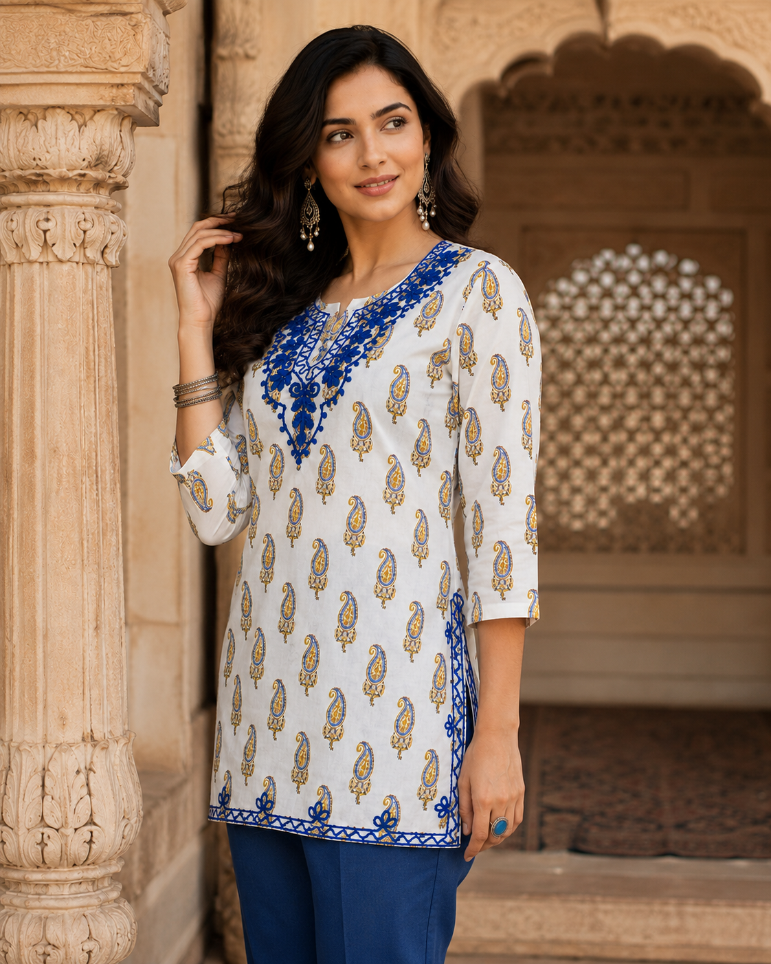 Qaba Women's Embroidered Printed Kurti for Women Cotton Blend Paisley Print Ethnic Casual Office Wear