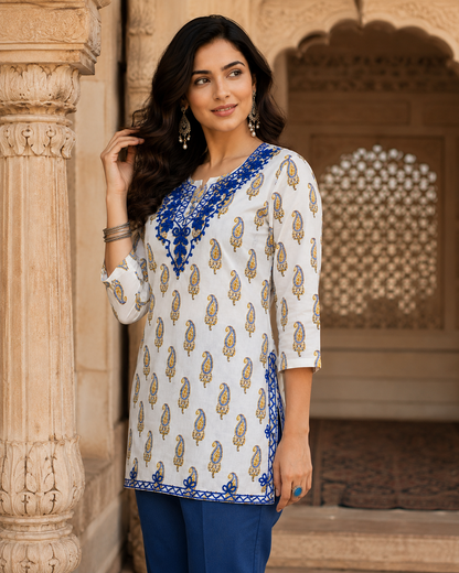 Qaba Women's Embroidered Printed Kurti for Women Cotton Blend Paisley Print Ethnic Casual Office Wear