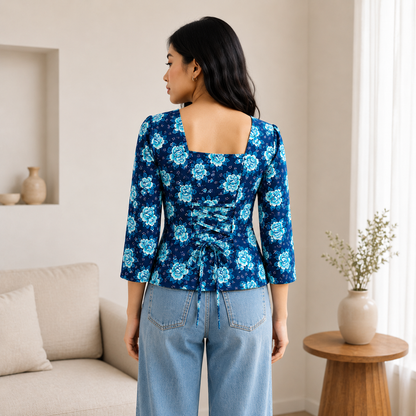 Qaba Blue Women's Floral Printed Tunic Top Regular Fit 3/4 Sleeves Square Neck Casual Western Wear