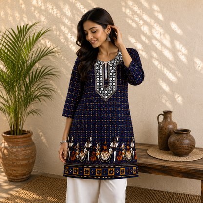 Qaba Women's Ethnic Printed Kurti | Traditional Folk Art Print | Round Neck with Tie-Up Detail