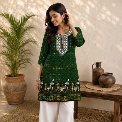Qaba Women's Ethnic Printed Kurti | Traditional Folk Art Print | Round Neck with Tie-Up Detail