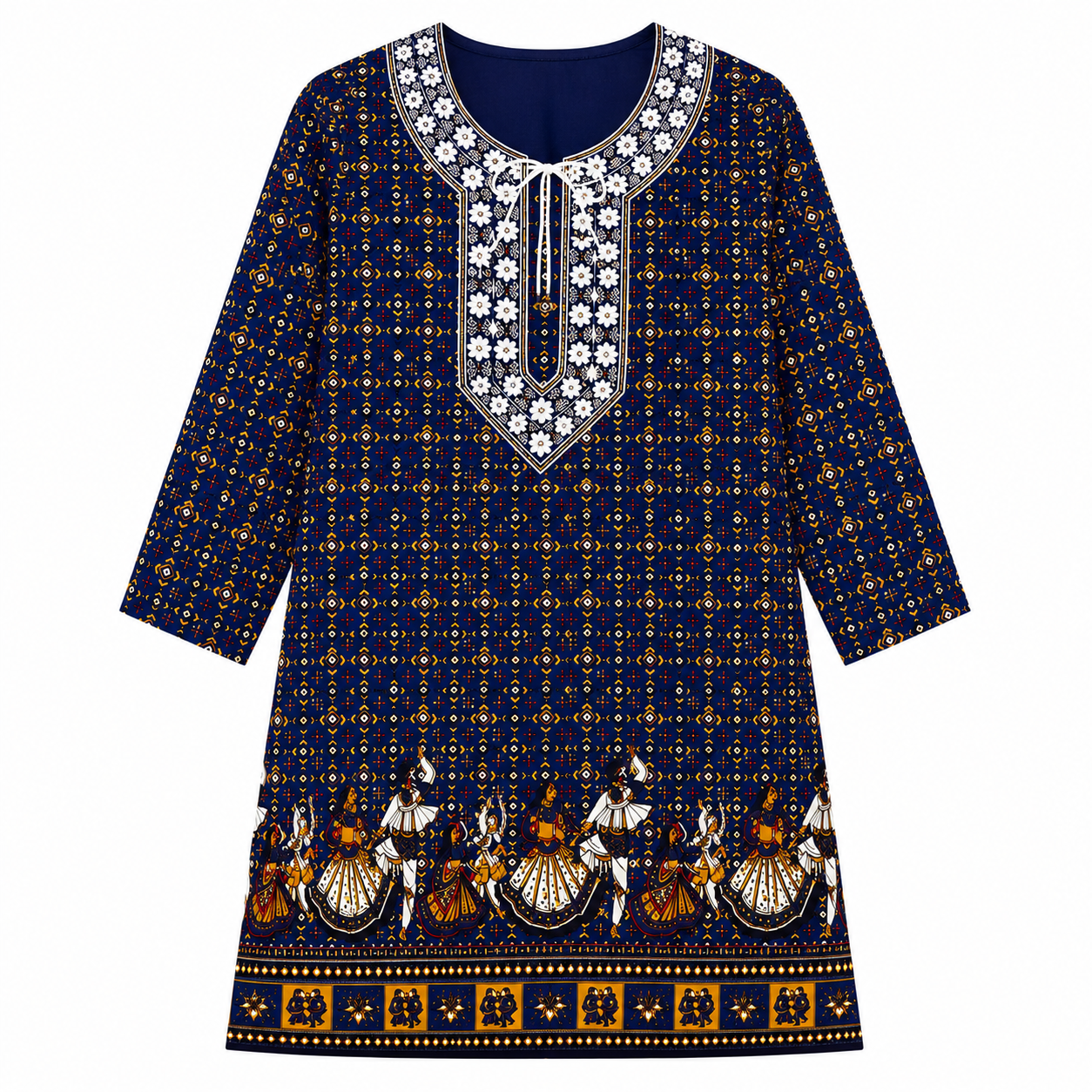 Qaba Women's Ethnic Printed Kurti | Traditional Folk Art Print | Round Neck with Tie-Up Detail