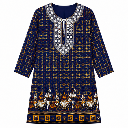 Qaba Women's Ethnic Printed Kurti | Traditional Folk Art Print | Round Neck with Tie-Up Detail