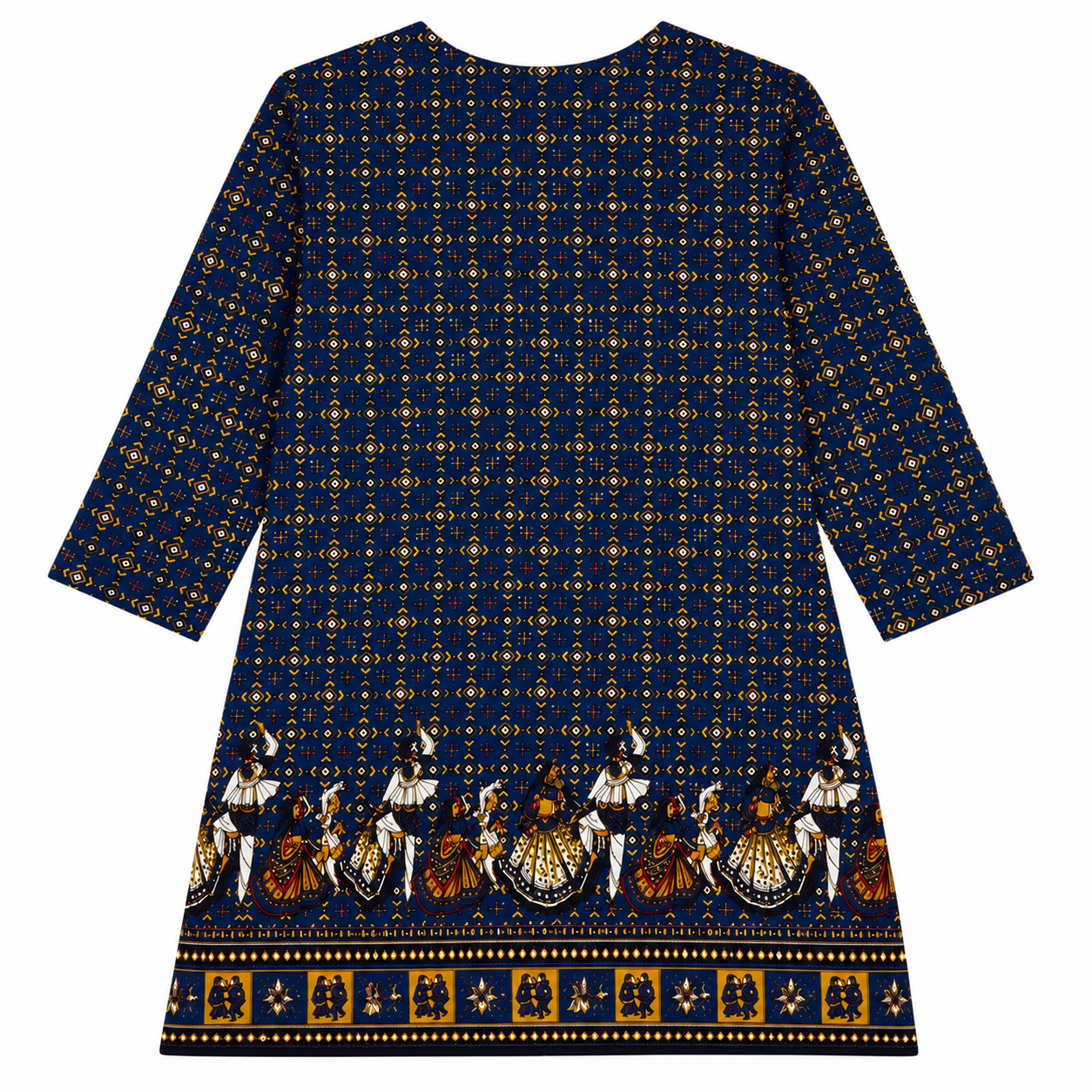 Qaba Women's Ethnic Printed Kurti | Traditional Folk Art Print | Round Neck with Tie-Up Detail