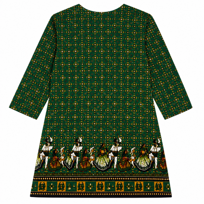 Qaba Women's Ethnic Printed Kurti | Traditional Folk Art Print | Round Neck with Tie-Up Detail
