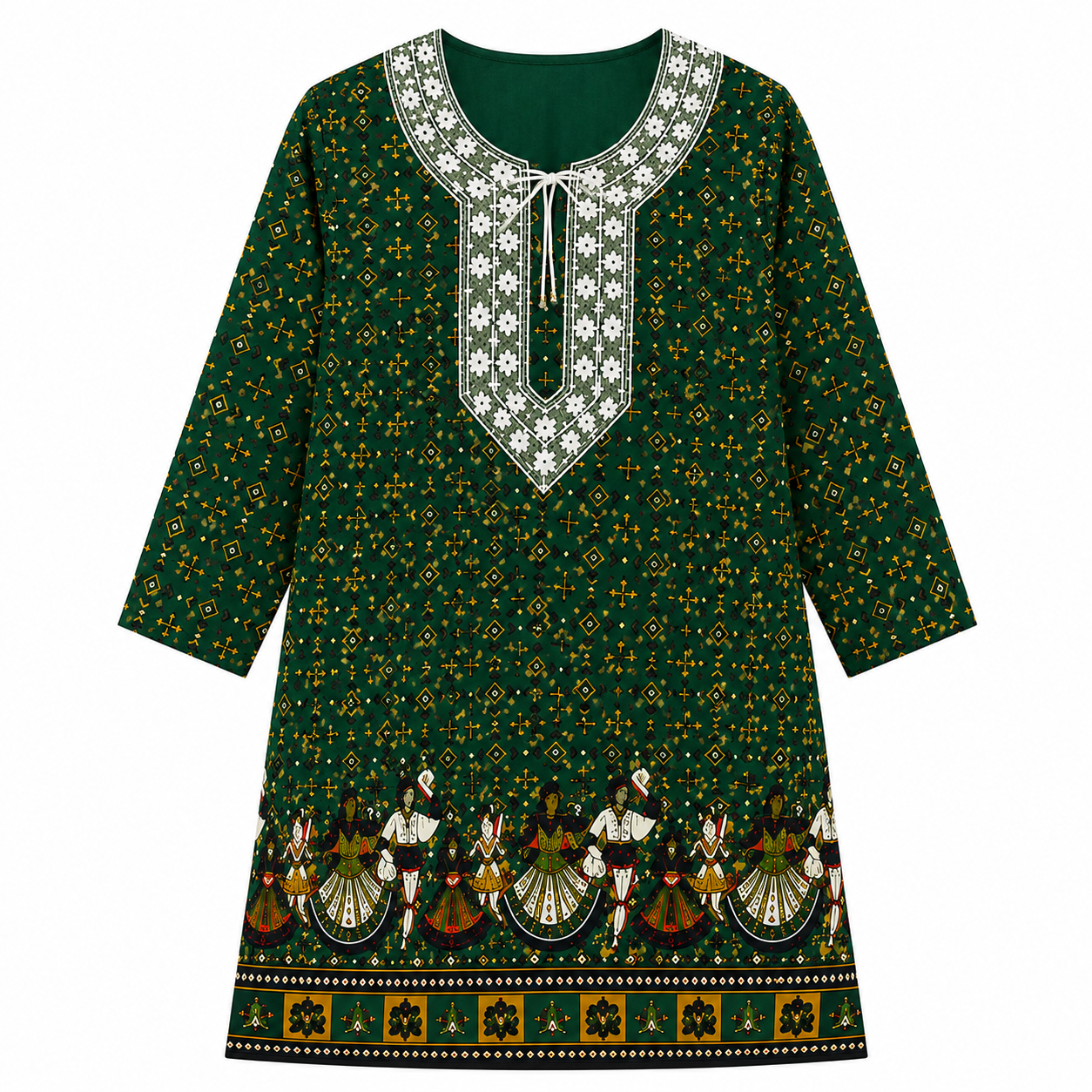 Qaba Women's Ethnic Printed Kurti | Traditional Folk Art Print | Round Neck with Tie-Up Detail