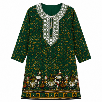 Qaba Women's Ethnic Printed Kurti | Traditional Folk Art Print | Round Neck with Tie-Up Detail