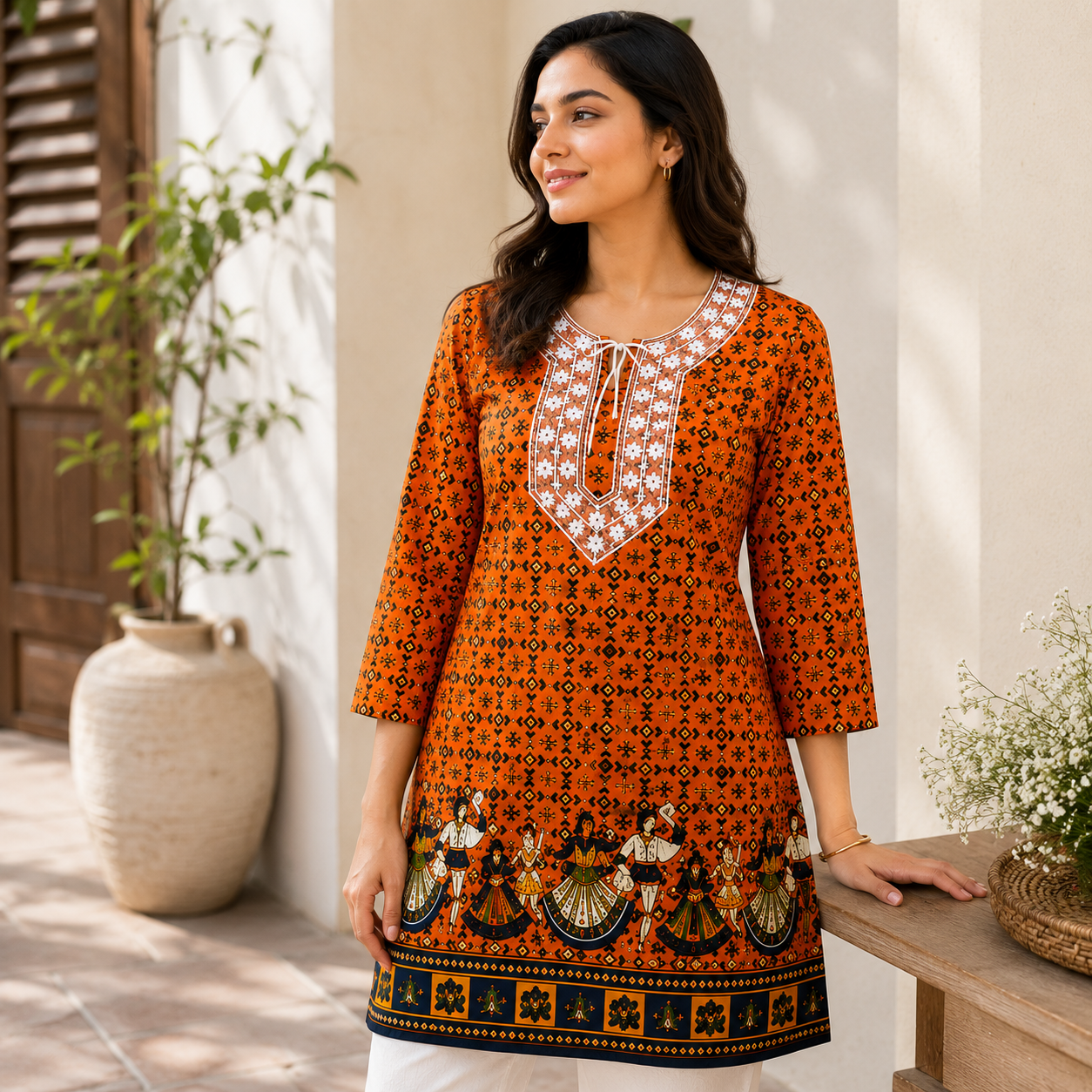 Qaba Women's Ethnic Printed Kurti | Traditional Folk Art Print | Round Neck with Tie-Up Detail