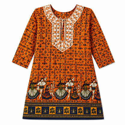 Qaba Women's Ethnic Printed Kurti | Traditional Folk Art Print | Round Neck with Tie-Up Detail