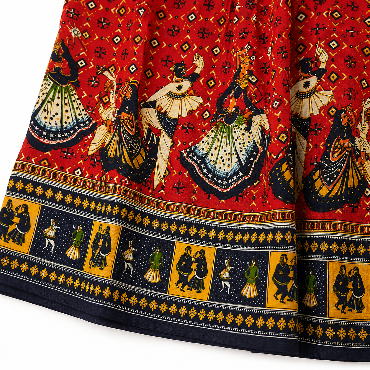 Qaba Women's Ethnic Printed Kurti | Traditional Folk Art Print | Round Neck with Tie-Up Detail