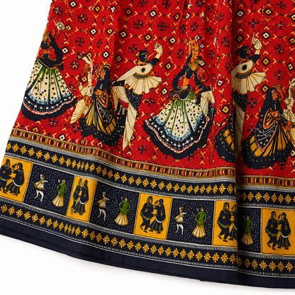 Qaba Women's Ethnic Printed Kurti | Traditional Folk Art Print | Round Neck with Tie-Up Detail