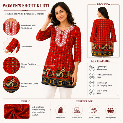 Qaba Women's Ethnic Printed Kurti | Traditional Folk Art Print | Round Neck with Tie-Up Detail