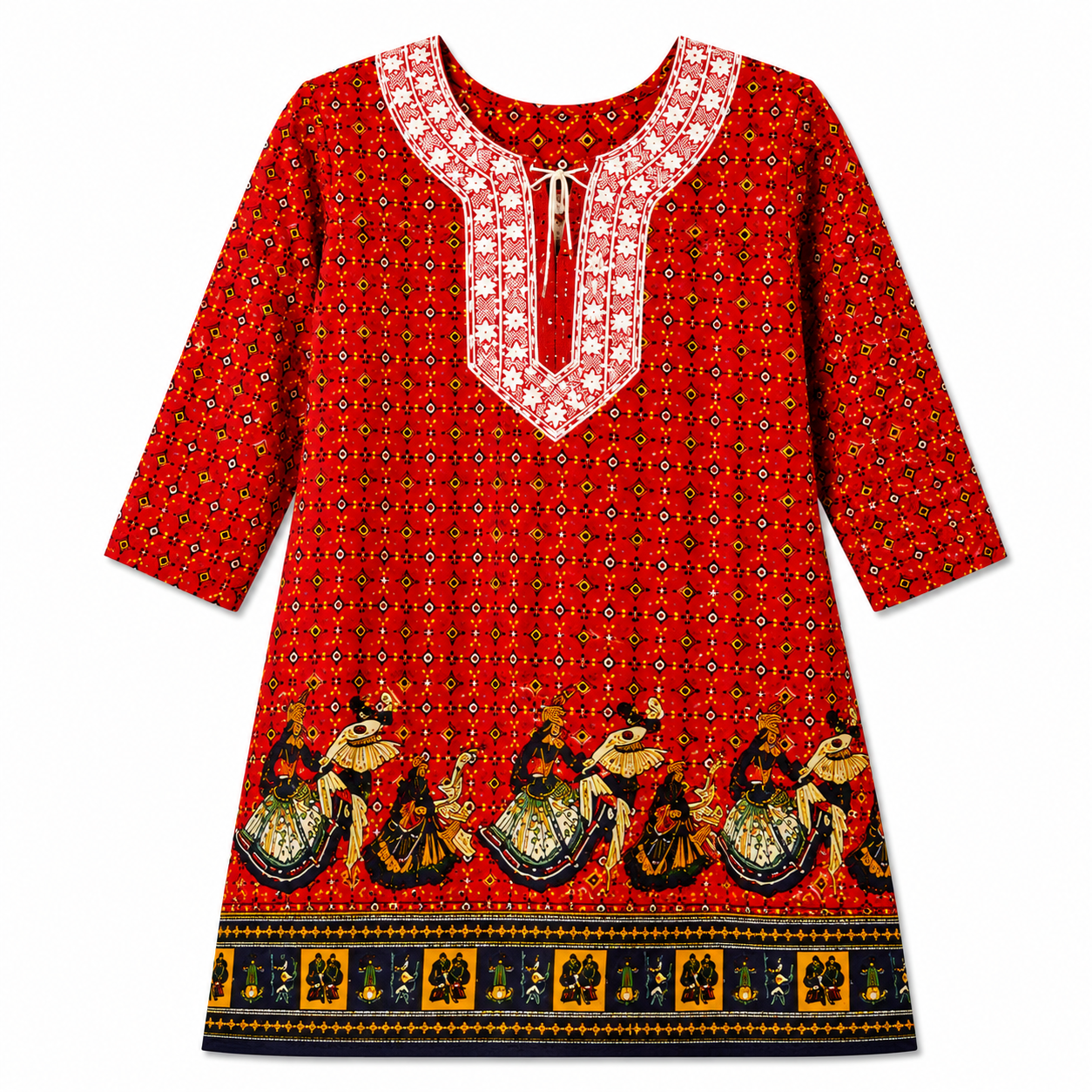 Qaba Women's Ethnic Printed Kurti | Traditional Folk Art Print | Round Neck with Tie-Up Detail