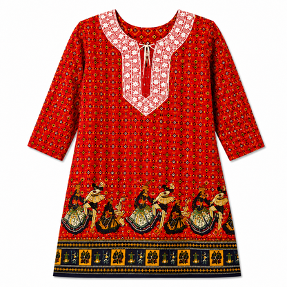 Qaba Women's Ethnic Printed Kurti | Traditional Folk Art Print | Round Neck with Tie-Up Detail