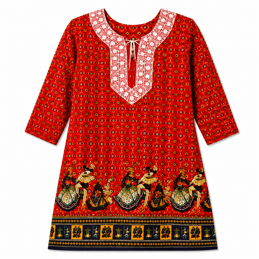 Qaba Women's Ethnic Printed Kurti | Traditional Folk Art Print | Round Neck with Tie-Up Detail