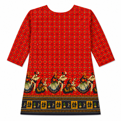 Qaba Women's Ethnic Printed Kurti | Traditional Folk Art Print | Round Neck with Tie-Up Detail