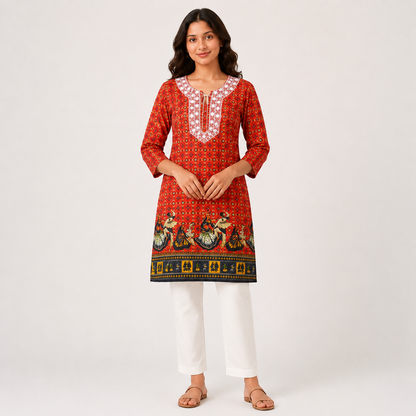 Qaba Women's Ethnic Printed Kurti | Traditional Folk Art Print | Round Neck with Tie-Up Detail