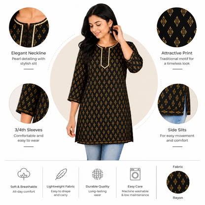 Qaba Women's Printed Cotton Short Kurti Top | Ethnic Casual Tunic with 3/4 Sleeves