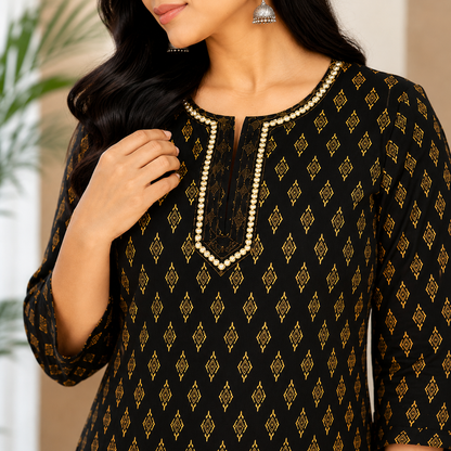 Qaba Women's Printed Cotton Short Kurti Top | Ethnic Casual Tunic with 3/4 Sleeves