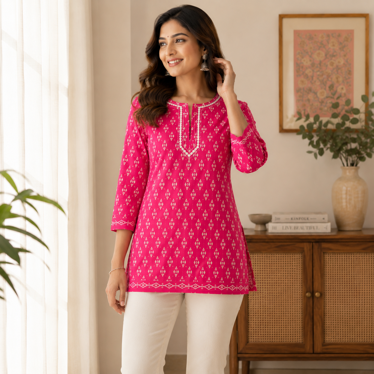 Qaba Women's Printed Cotton Short Kurti Top | Ethnic Casual Tunic with 3/4 Sleeves